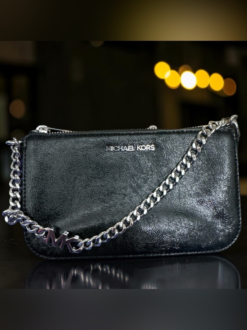 MICHAEL Kors Jet Set small chain pouchette Silver Chain with MK Logo NWT in Box!